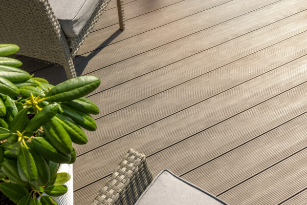 Composite decking in a modern garden showing cost-effective outdoor design
